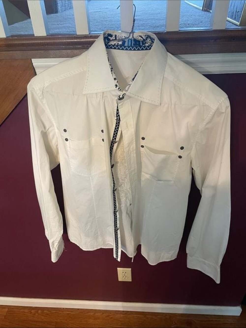 Men's White Dress Shirt with Contrast Trim - Long Sleeve
